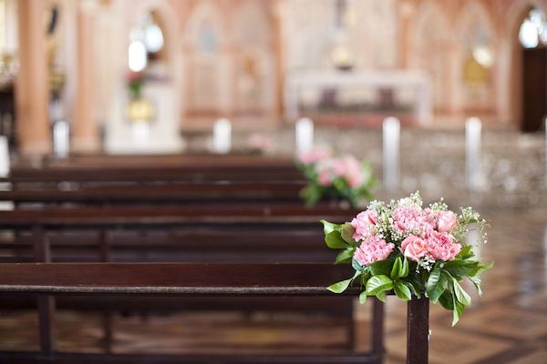 social distancing for church weddings - socially distant wedding design - Philadelphia weddings - Philadelphia wedding design - church pew with flowers