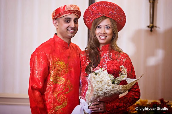 Philadelphia multicultural weddings - multicultural wedding design - bride and groom in traditional Vietnamese wedding attire - Vietnamese weddings