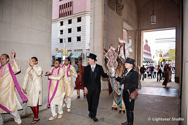 Downtown Philadelphia Indian wedding - Indian wedding - Philadelphia fusion wedding - Baraat - Indian groom on white horse