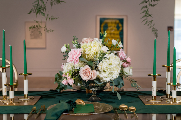 elegant hunter green and gold tablescape 