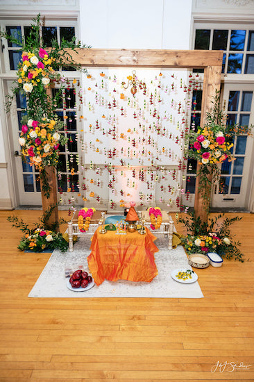 brightly colored modern mandap at a Philadelphia south Asian wedding