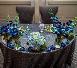 Elegant Events Florist - Philadelphia wedding florist - Low Arrangement - Blue Hydrangea - Green Roses - Indian Wedding Reception - Penns Landing Hilton - Philadelphia, PA - Lightyear Studio - sweetheart table